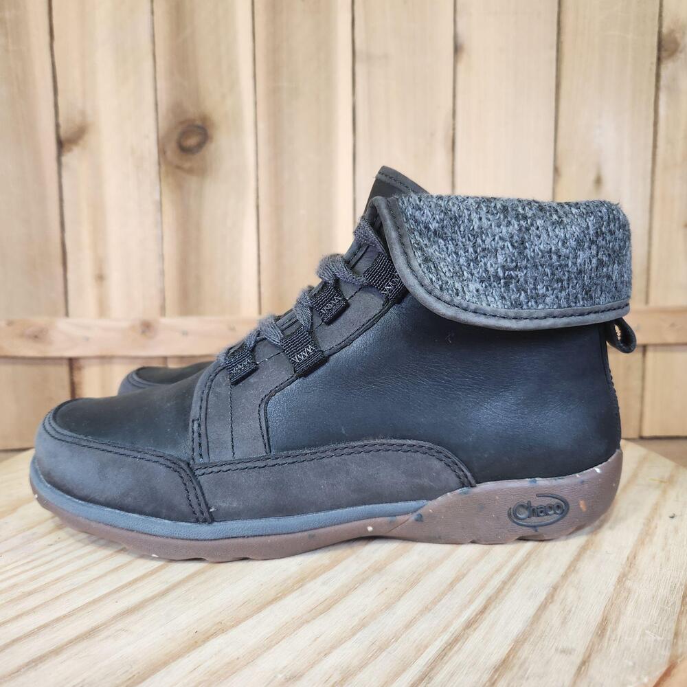 Chaco Barbary Boots Womens 7.5 Black Leather Knit Cuff Ankle Lace Up JCH199800